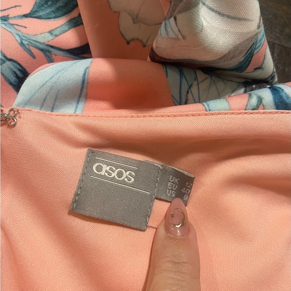 ASOS Pink Blue Floral One Shoulder Scuba Asymmetrical Peplum MIDI Dress Sz US8 - Picture 14 of 15